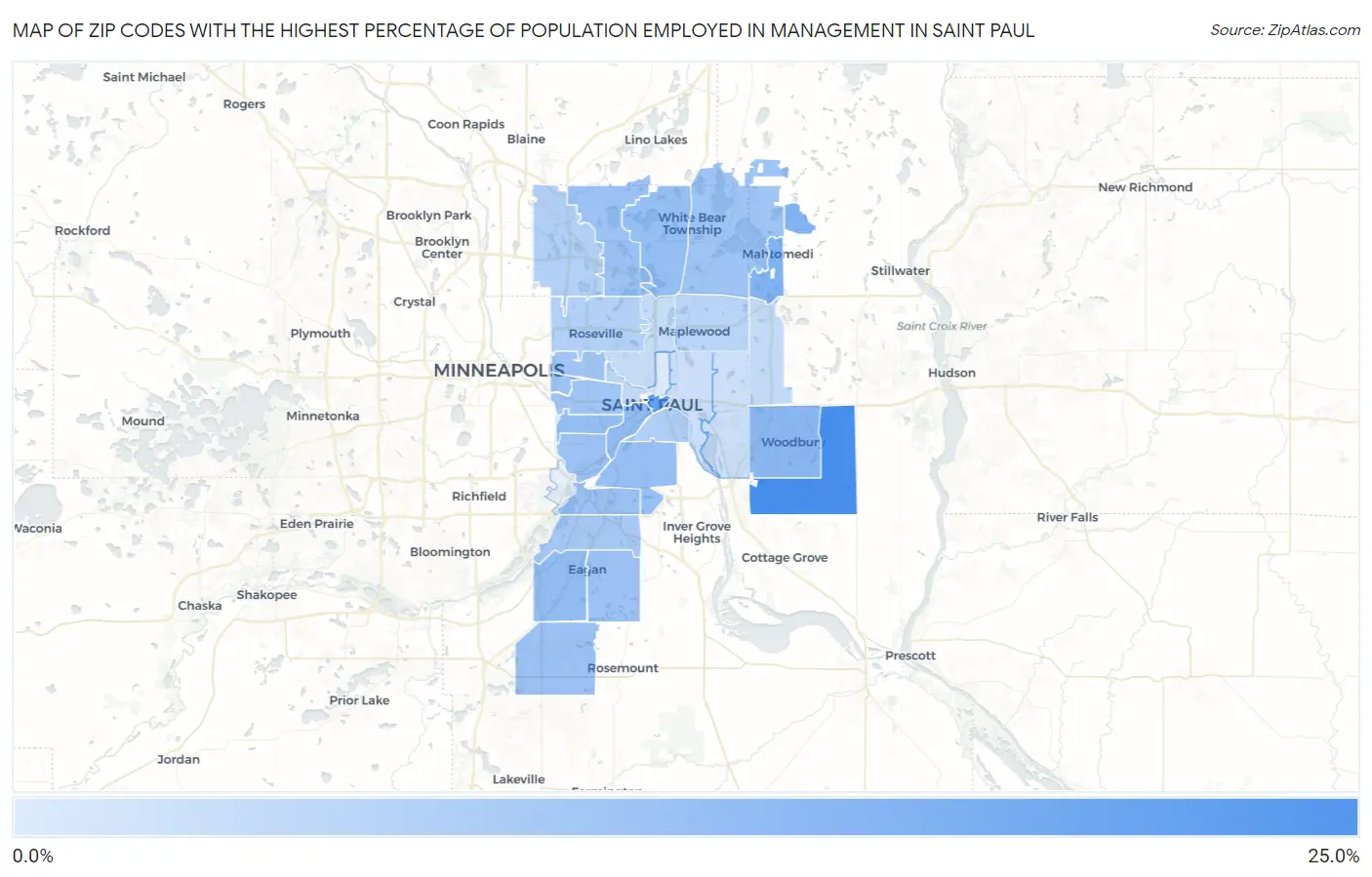Zip Codes with the Highest Percentage of Population Employed in Management in Saint Paul Map