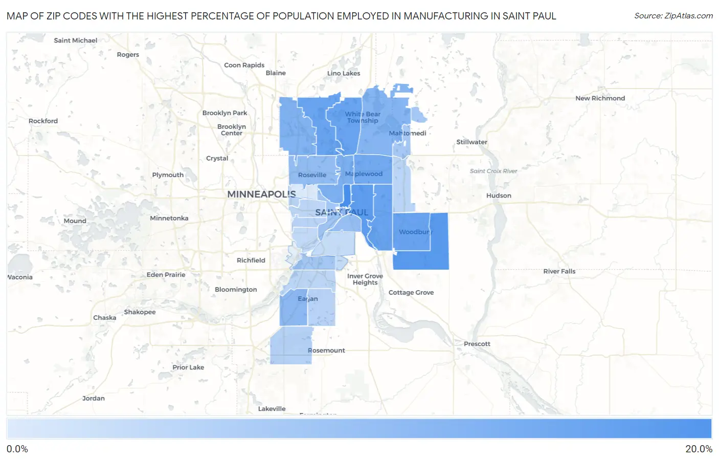 Zip Codes with the Highest Percentage of Population Employed in Manufacturing in Saint Paul Map