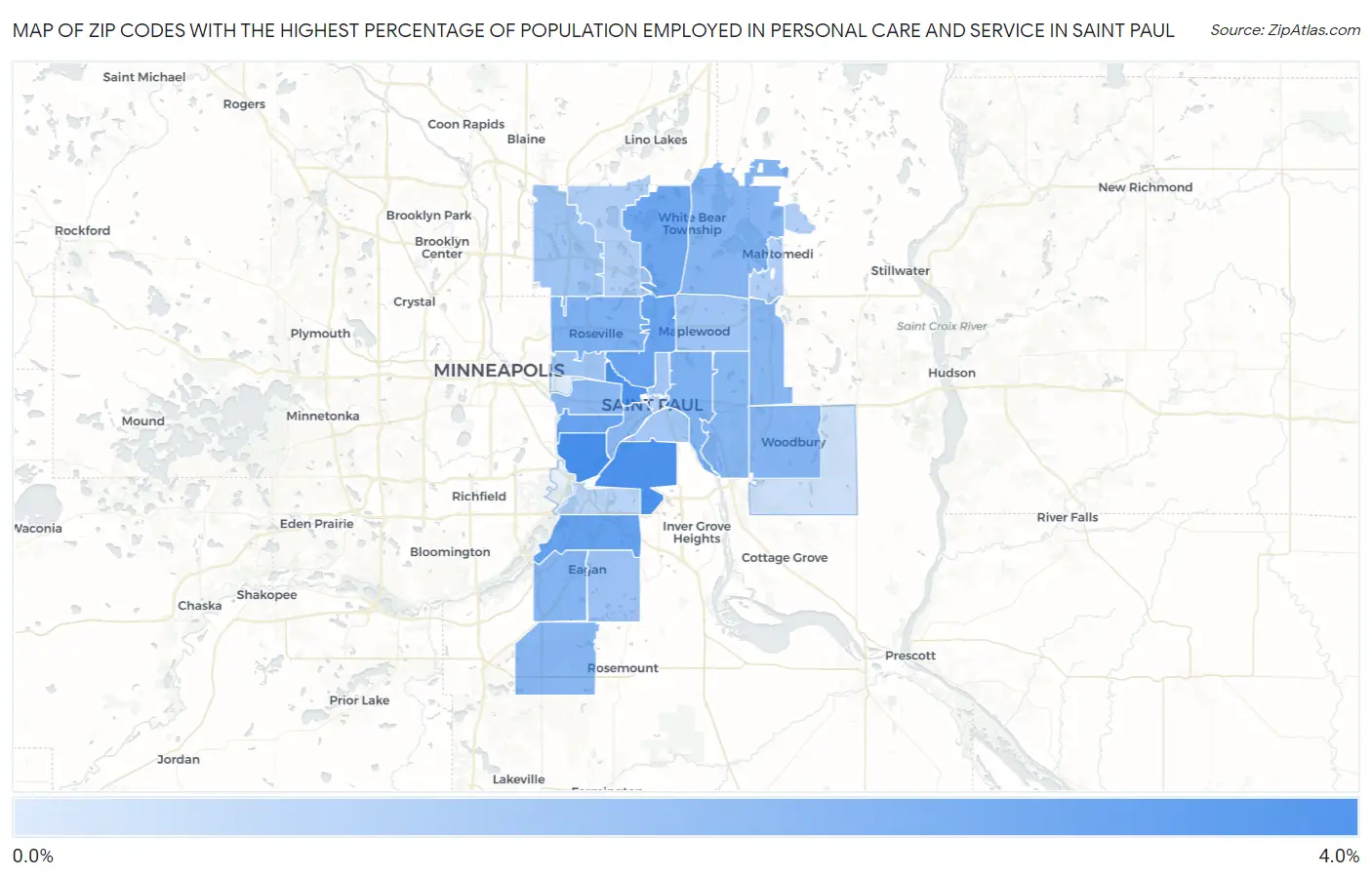 Zip Codes with the Highest Percentage of Population Employed in Personal Care and Service in Saint Paul Map