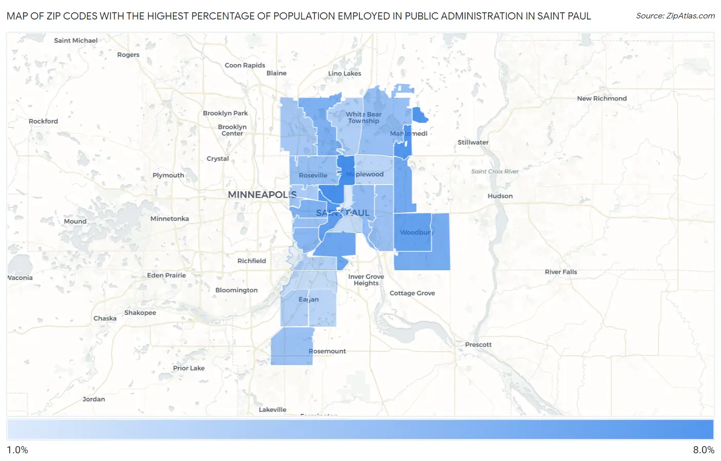 Zip Codes with the Highest Percentage of Population Employed in Public Administration in Saint Paul Map