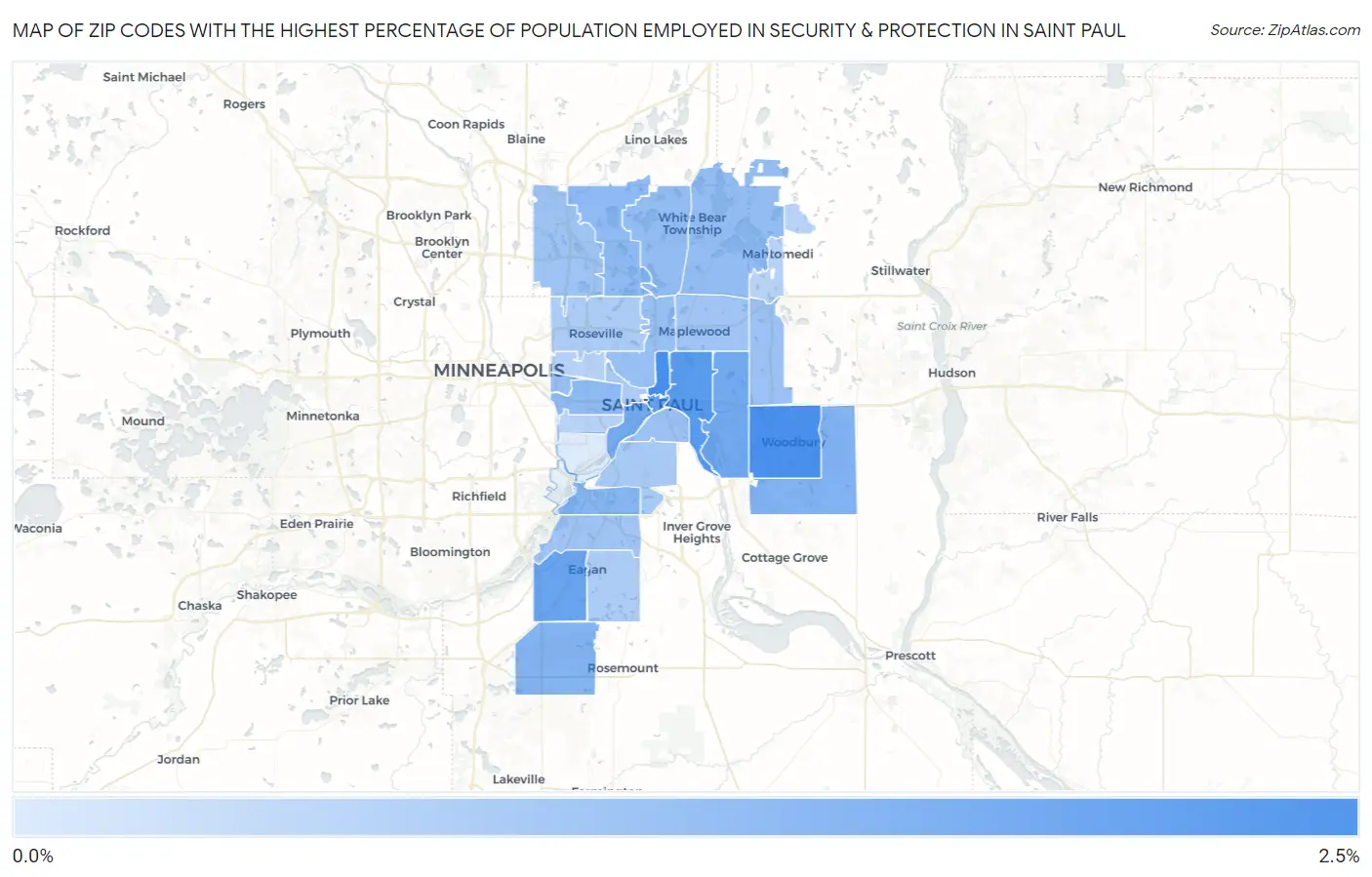 Zip Codes with the Highest Percentage of Population Employed in Security & Protection in Saint Paul Map