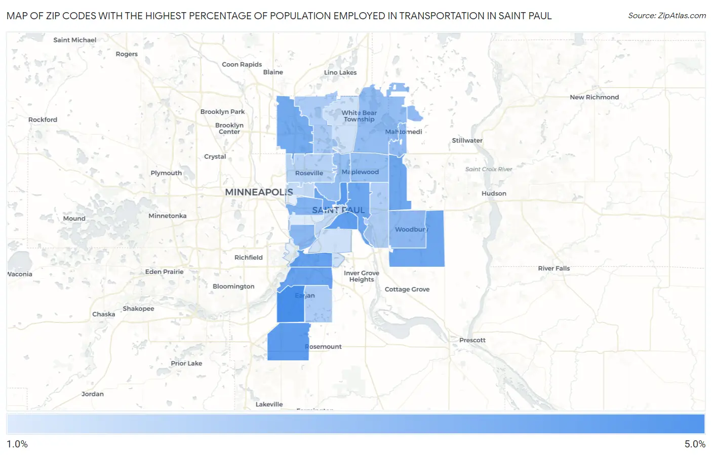 Zip Codes with the Highest Percentage of Population Employed in Transportation in Saint Paul Map