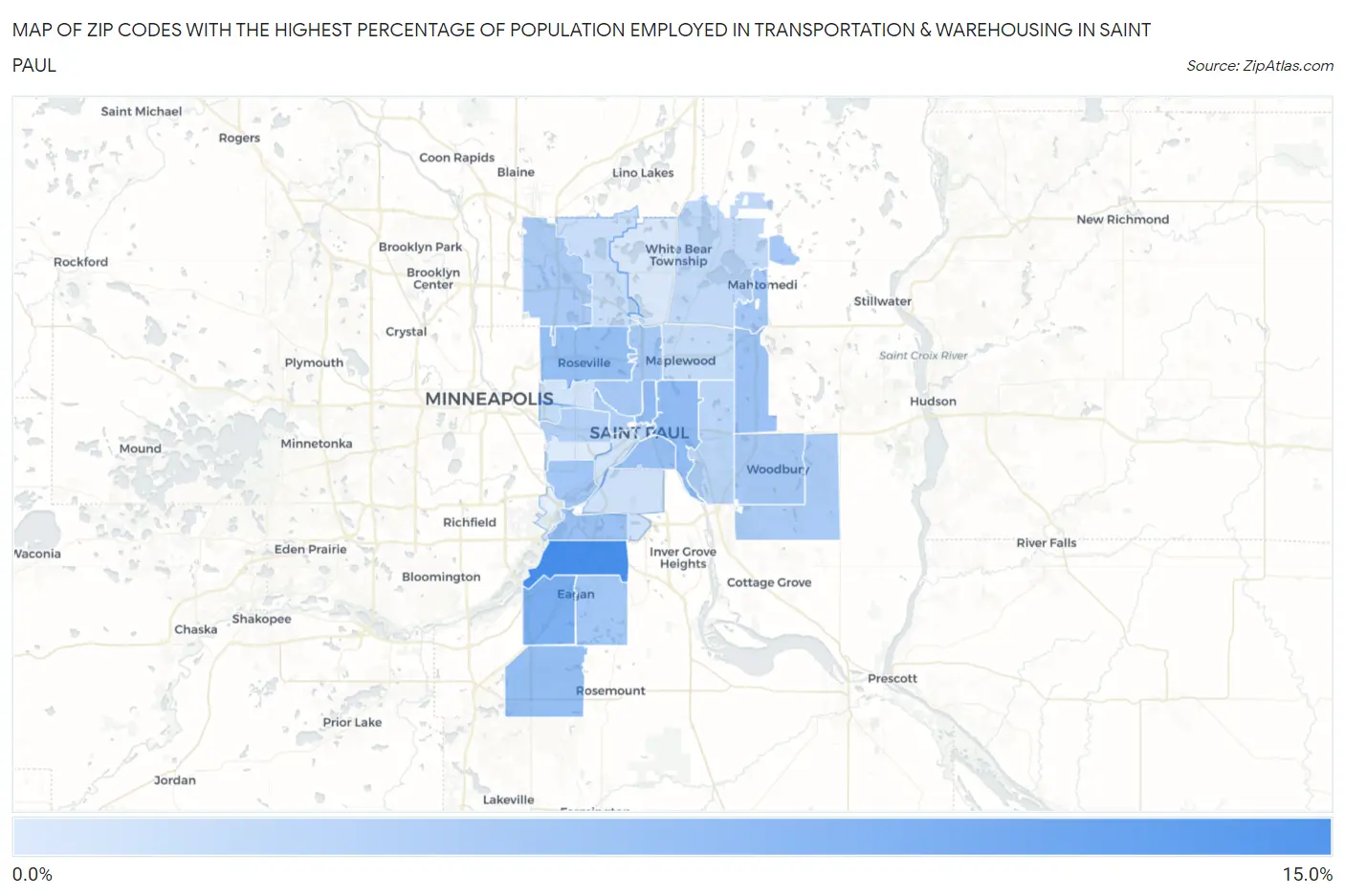 Zip Codes with the Highest Percentage of Population Employed in Transportation & Warehousing in Saint Paul Map