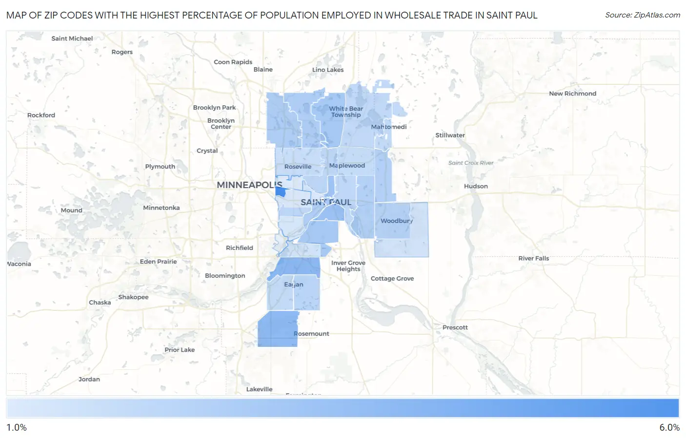 Zip Codes with the Highest Percentage of Population Employed in Wholesale Trade in Saint Paul Map