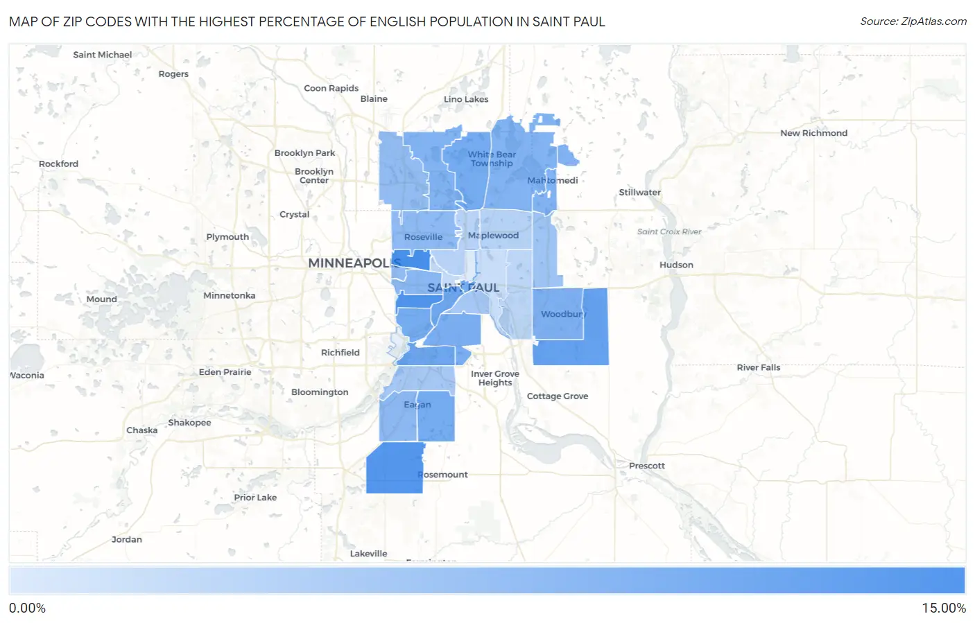 Zip Codes with the Highest Percentage of English Population in Saint Paul Map