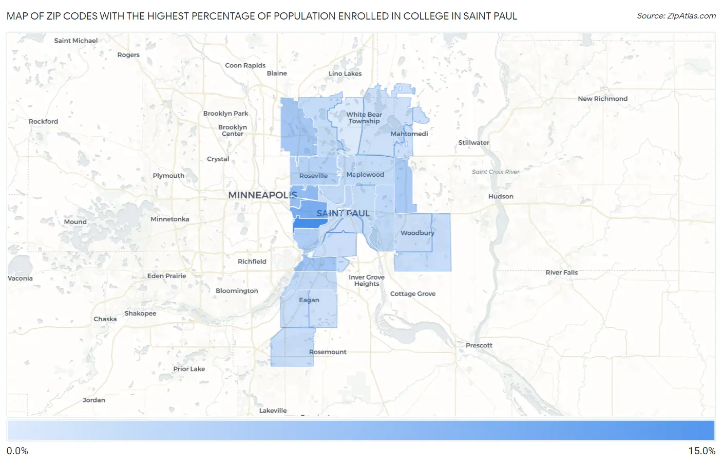 Zip Codes with the Highest Percentage of Population Enrolled in College in Saint Paul Map
