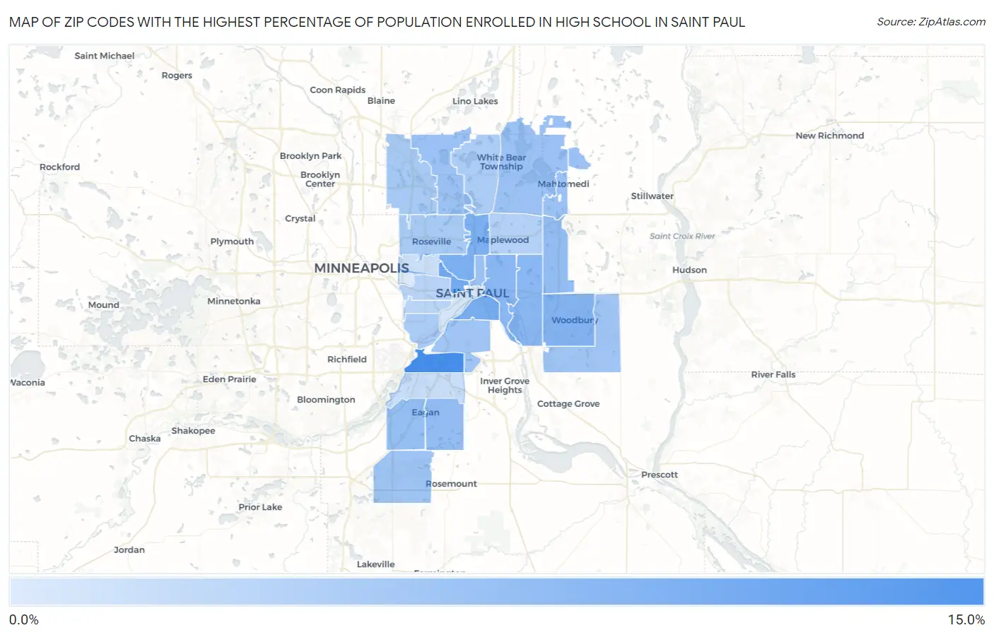 Zip Codes with the Highest Percentage of Population Enrolled in High School in Saint Paul Map