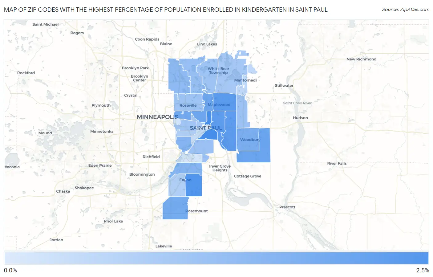 Zip Codes with the Highest Percentage of Population Enrolled in Kindergarten in Saint Paul Map