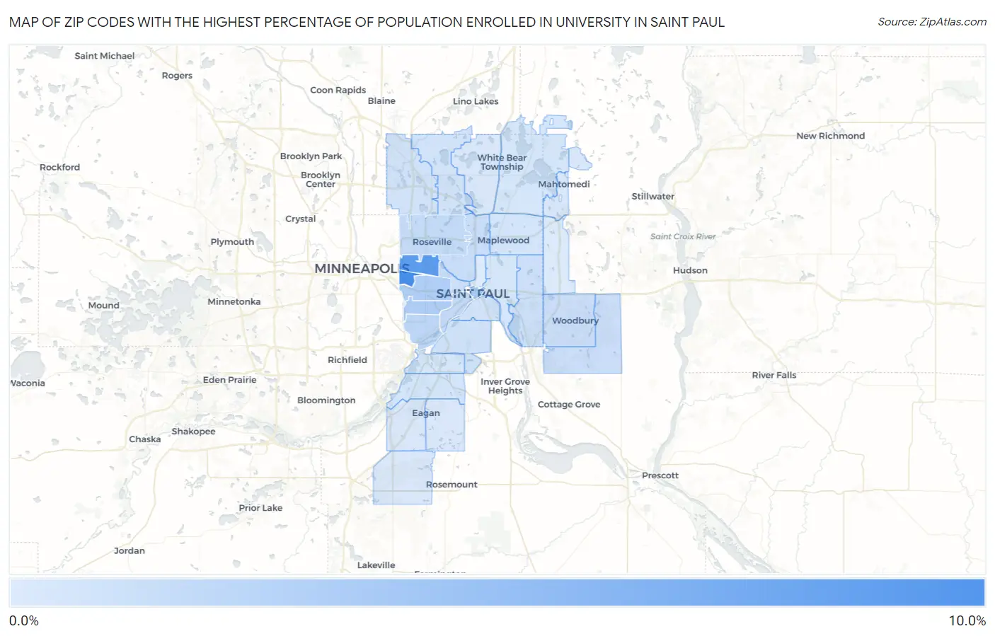 Zip Codes with the Highest Percentage of Population Enrolled in University in Saint Paul Map