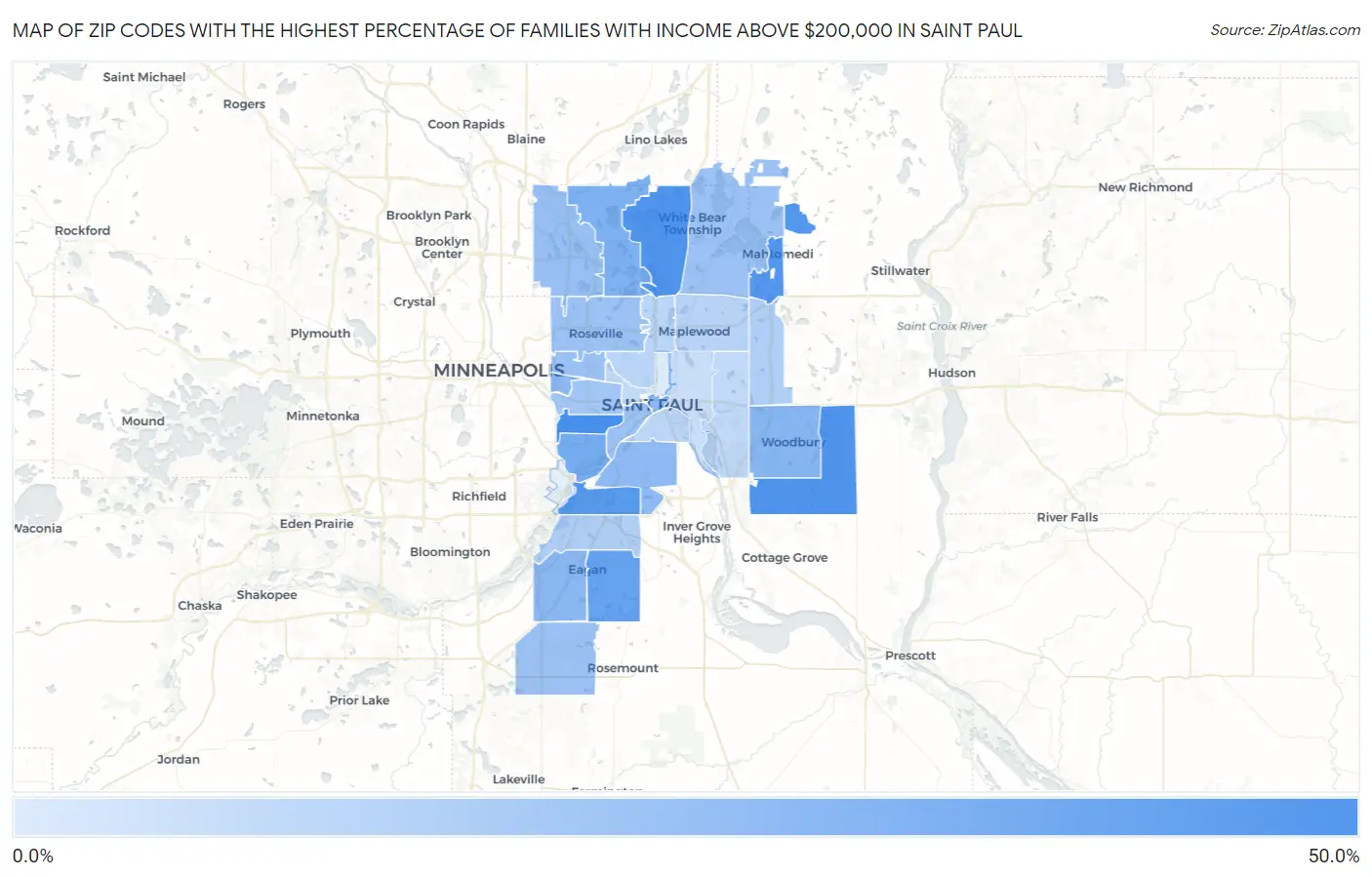 Zip Codes with the Highest Percentage of Families with Income Above $200,000 in Saint Paul Map