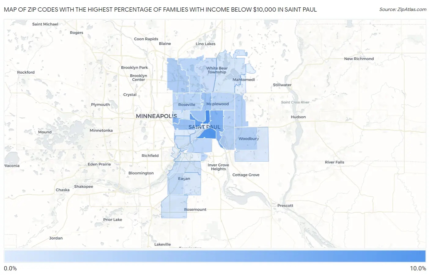 Zip Codes with the Highest Percentage of Families with Income Below $10,000 in Saint Paul Map