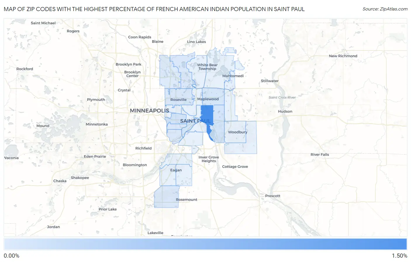 Zip Codes with the Highest Percentage of French American Indian Population in Saint Paul Map