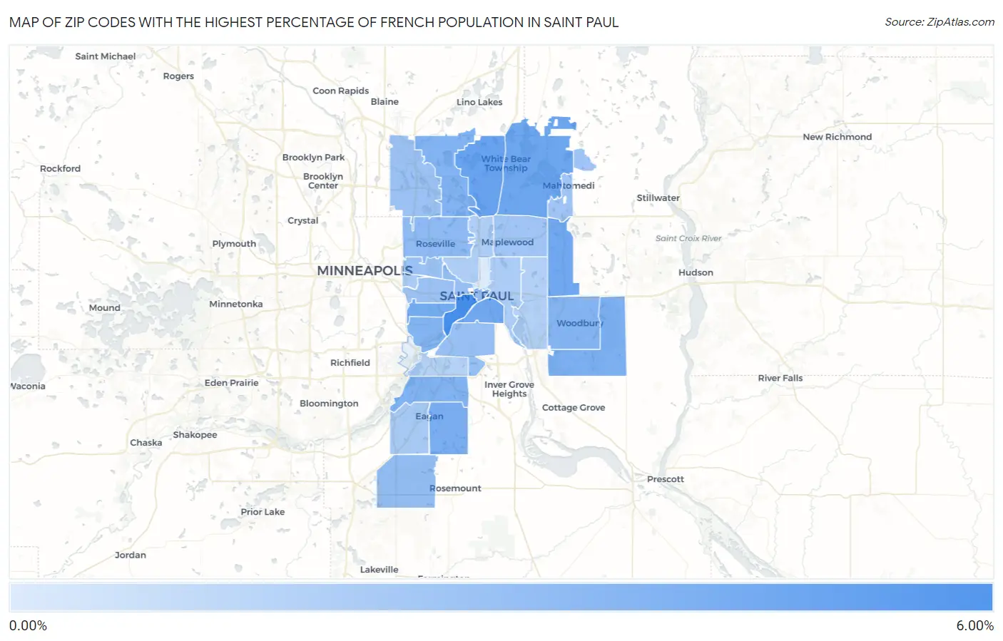 Zip Codes with the Highest Percentage of French Population in Saint Paul Map