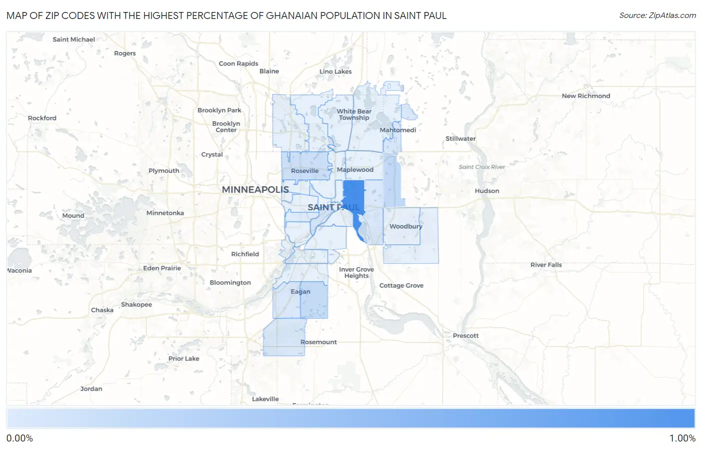 Zip Codes with the Highest Percentage of Ghanaian Population in Saint Paul Map