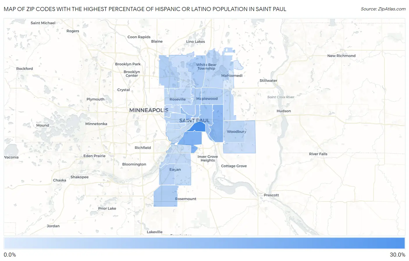 Zip Codes with the Highest Percentage of Hispanic or Latino Population in Saint Paul Map