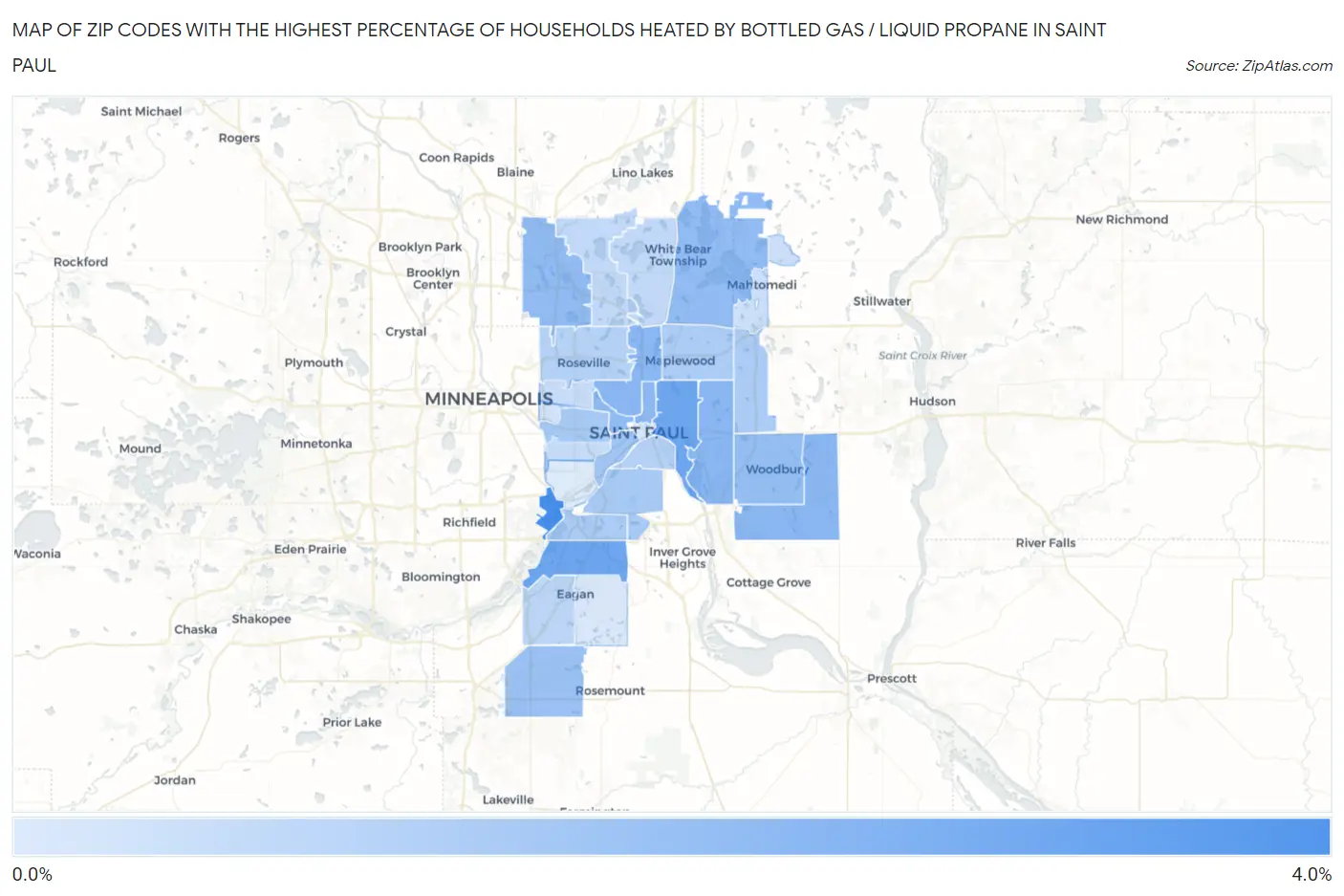 Zip Codes with the Highest Percentage of Households Heated by Bottled Gas / Liquid Propane in Saint Paul Map