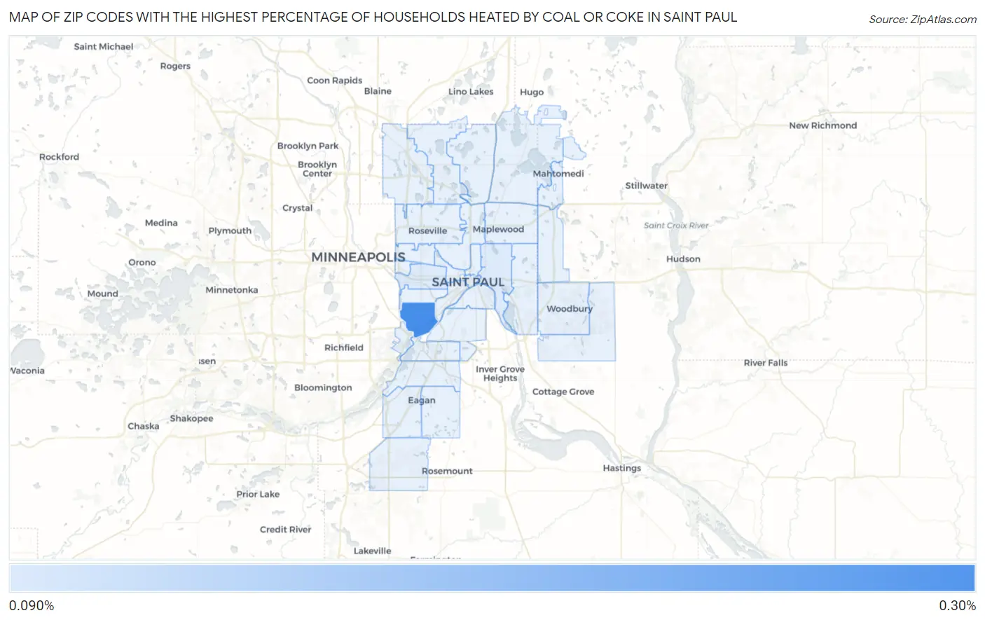 Zip Codes with the Highest Percentage of Households Heated by Coal or Coke in Saint Paul Map