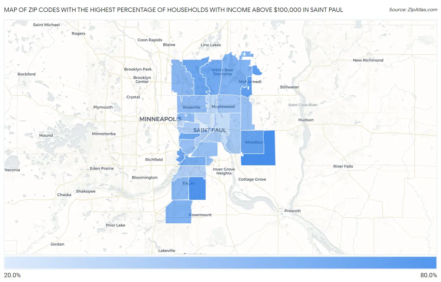 Zip Codes with the Highest Percentage of Households with Income Above $100,000 in Saint Paul Map