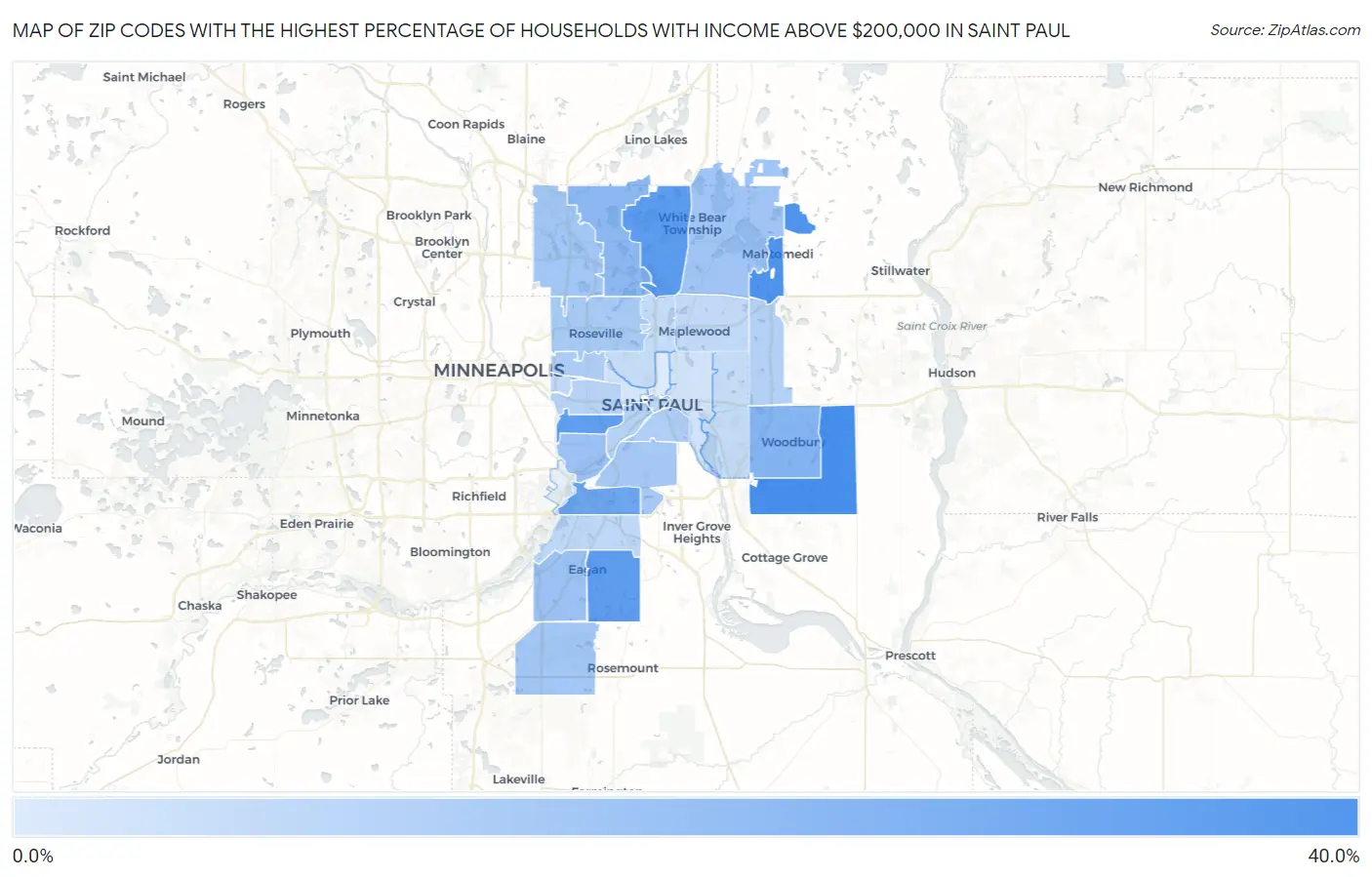 Zip Codes with the Highest Percentage of Households with Income Above $200,000 in Saint Paul Map