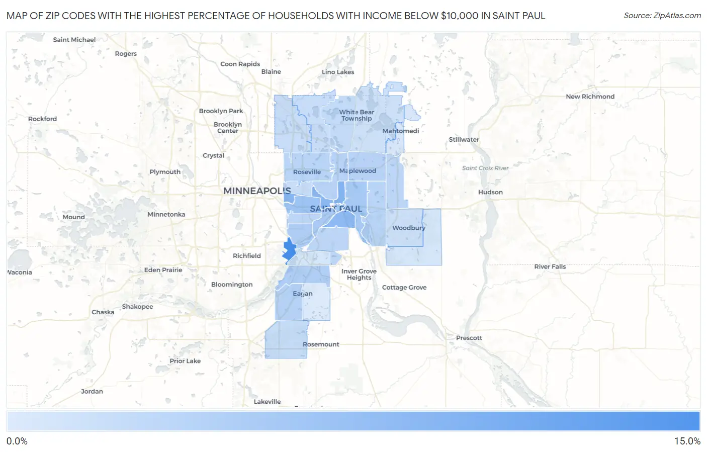 Zip Codes with the Highest Percentage of Households with Income Below $10,000 in Saint Paul Map