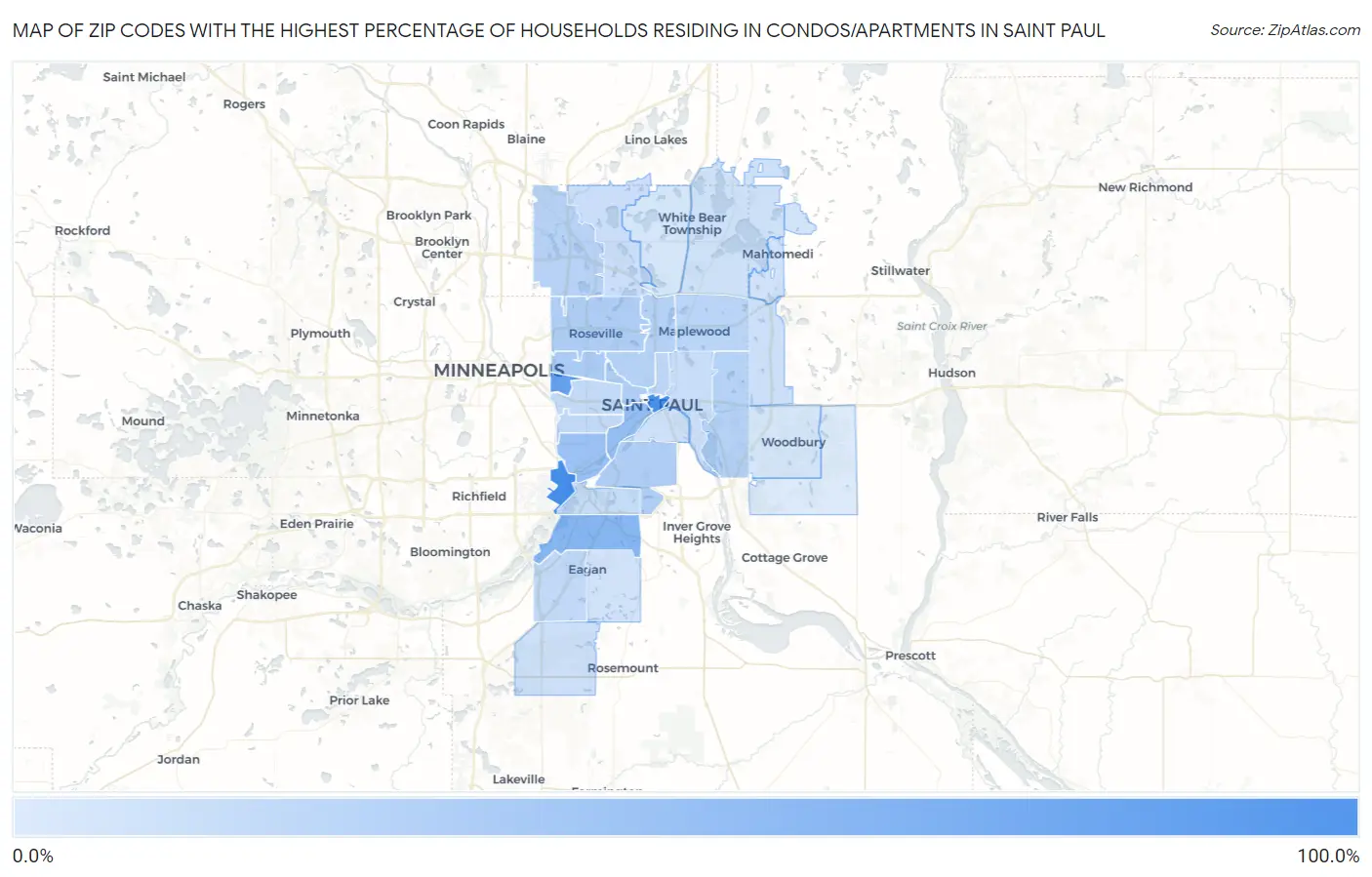 Zip Codes with the Highest Percentage of Households Residing in Condos/Apartments in Saint Paul Map
