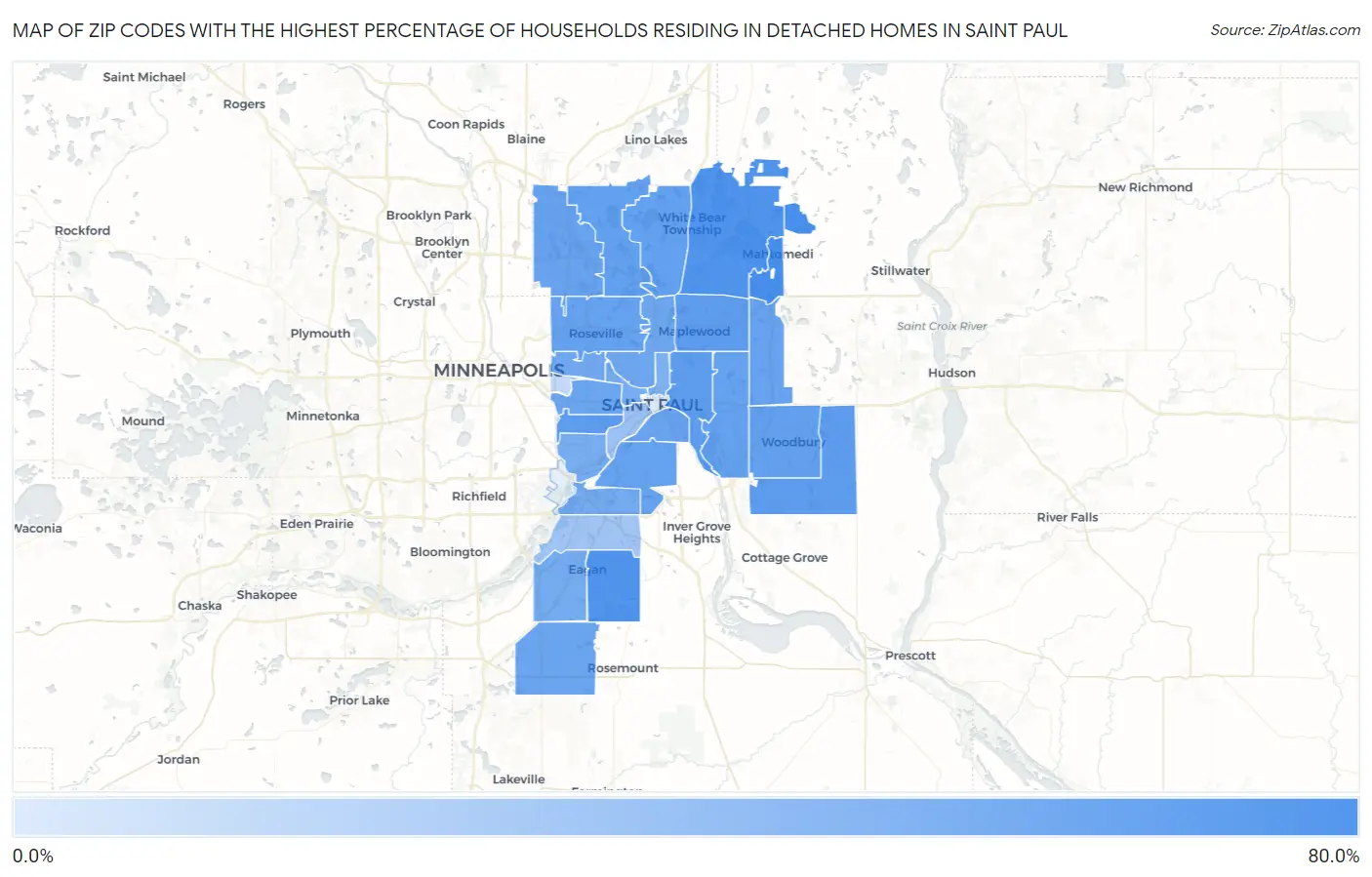 Zip Codes with the Highest Percentage of Households Residing in Detached Homes in Saint Paul Map