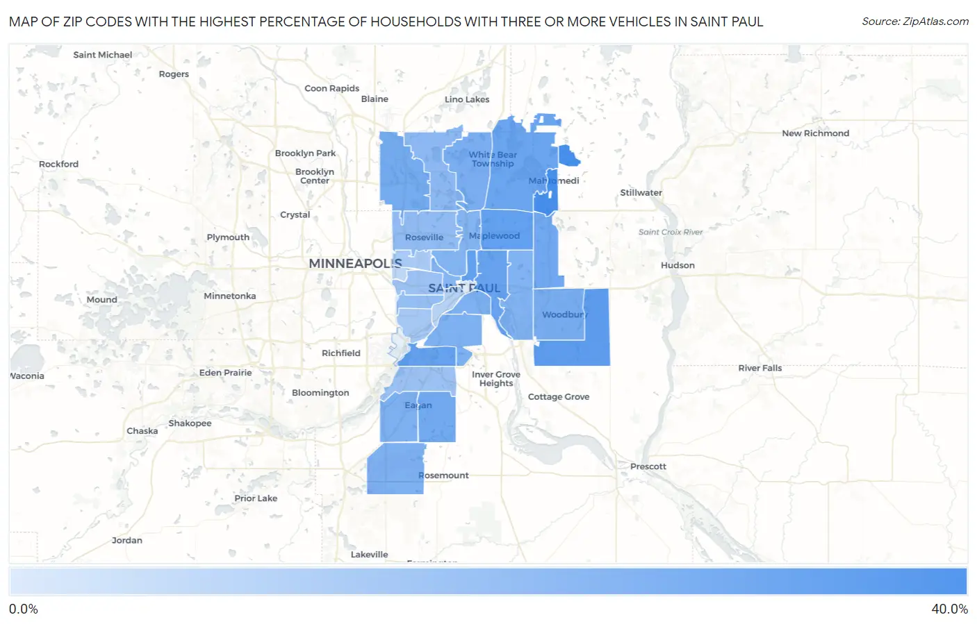 Zip Codes with the Highest Percentage of Households With Three or more Vehicles in Saint Paul Map