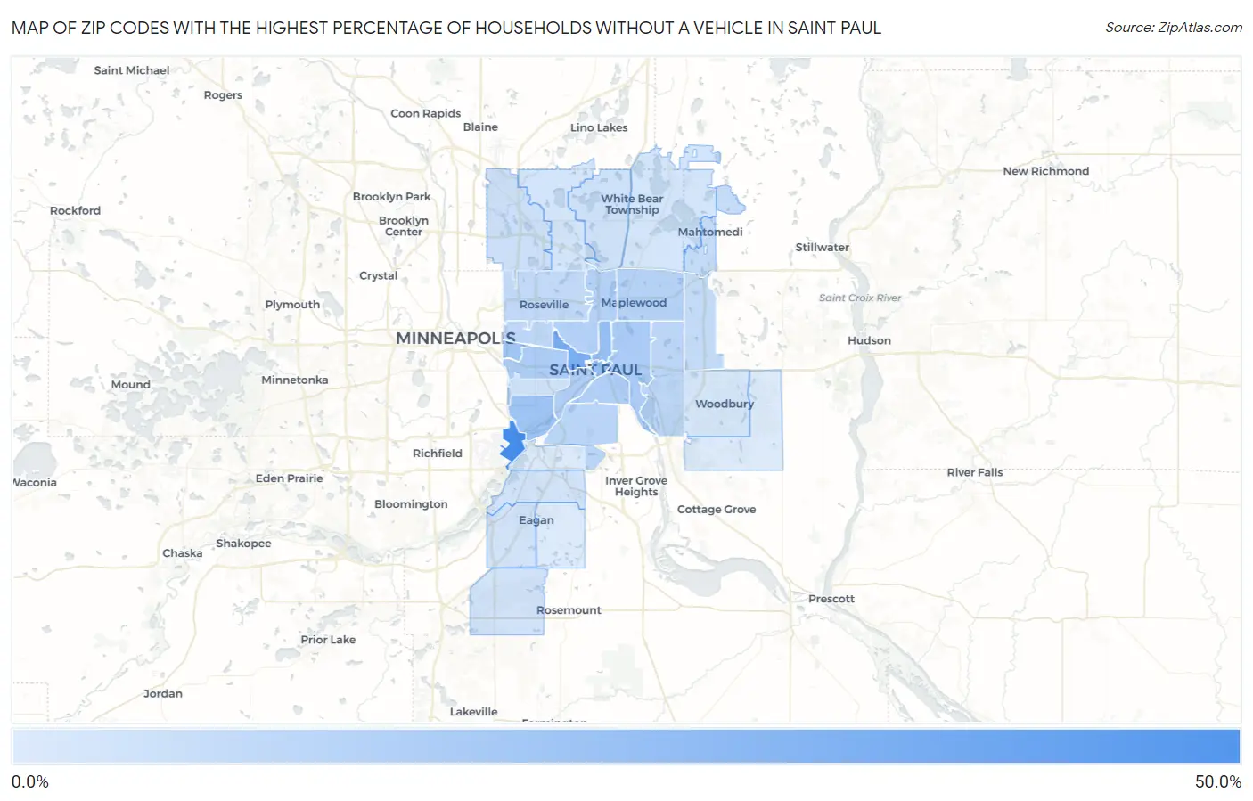 Zip Codes with the Highest Percentage of Households Without a Vehicle in Saint Paul Map