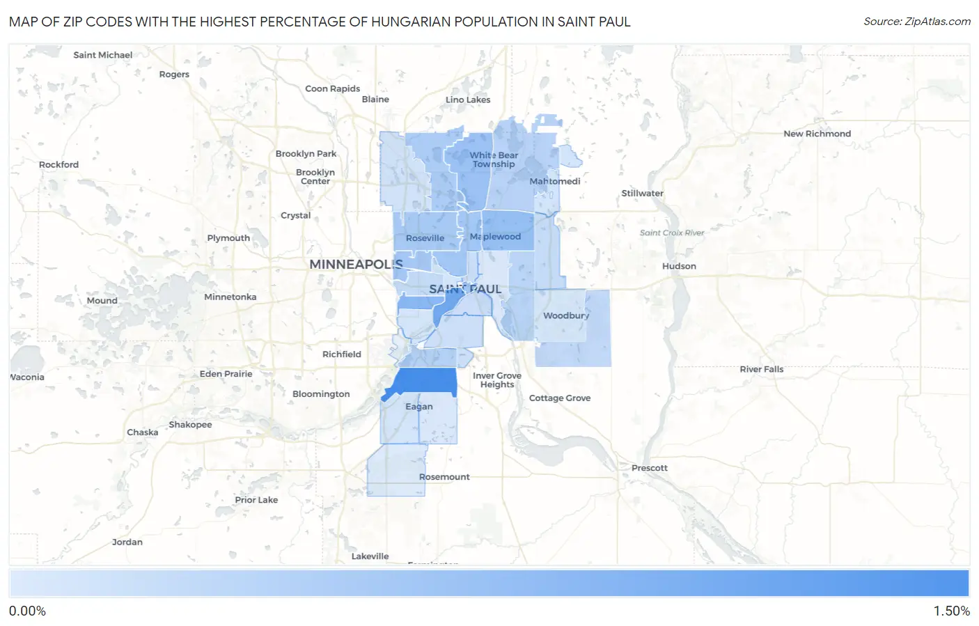 Zip Codes with the Highest Percentage of Hungarian Population in Saint Paul Map