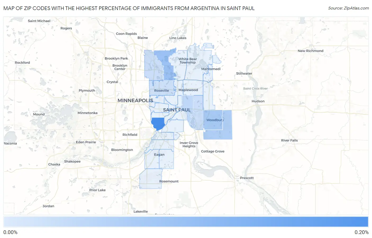 Zip Codes with the Highest Percentage of Immigrants from Argentina in Saint Paul Map