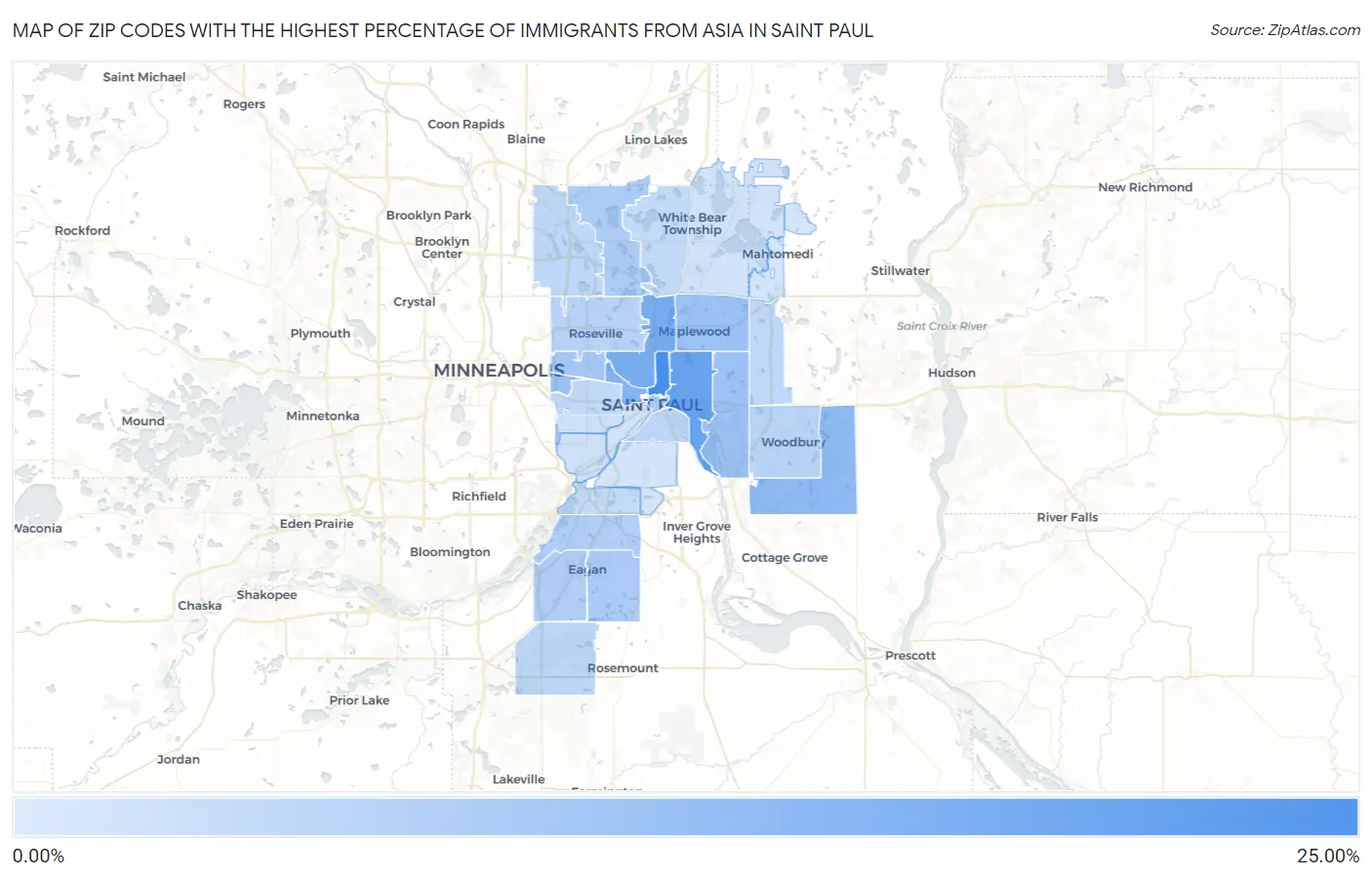 Zip Codes with the Highest Percentage of Immigrants from Asia in Saint Paul Map