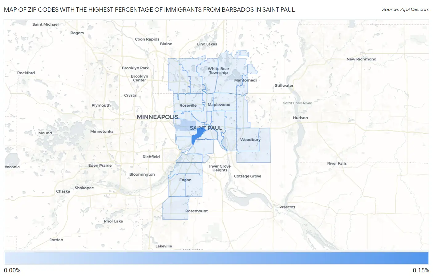 Zip Codes with the Highest Percentage of Immigrants from Barbados in Saint Paul Map