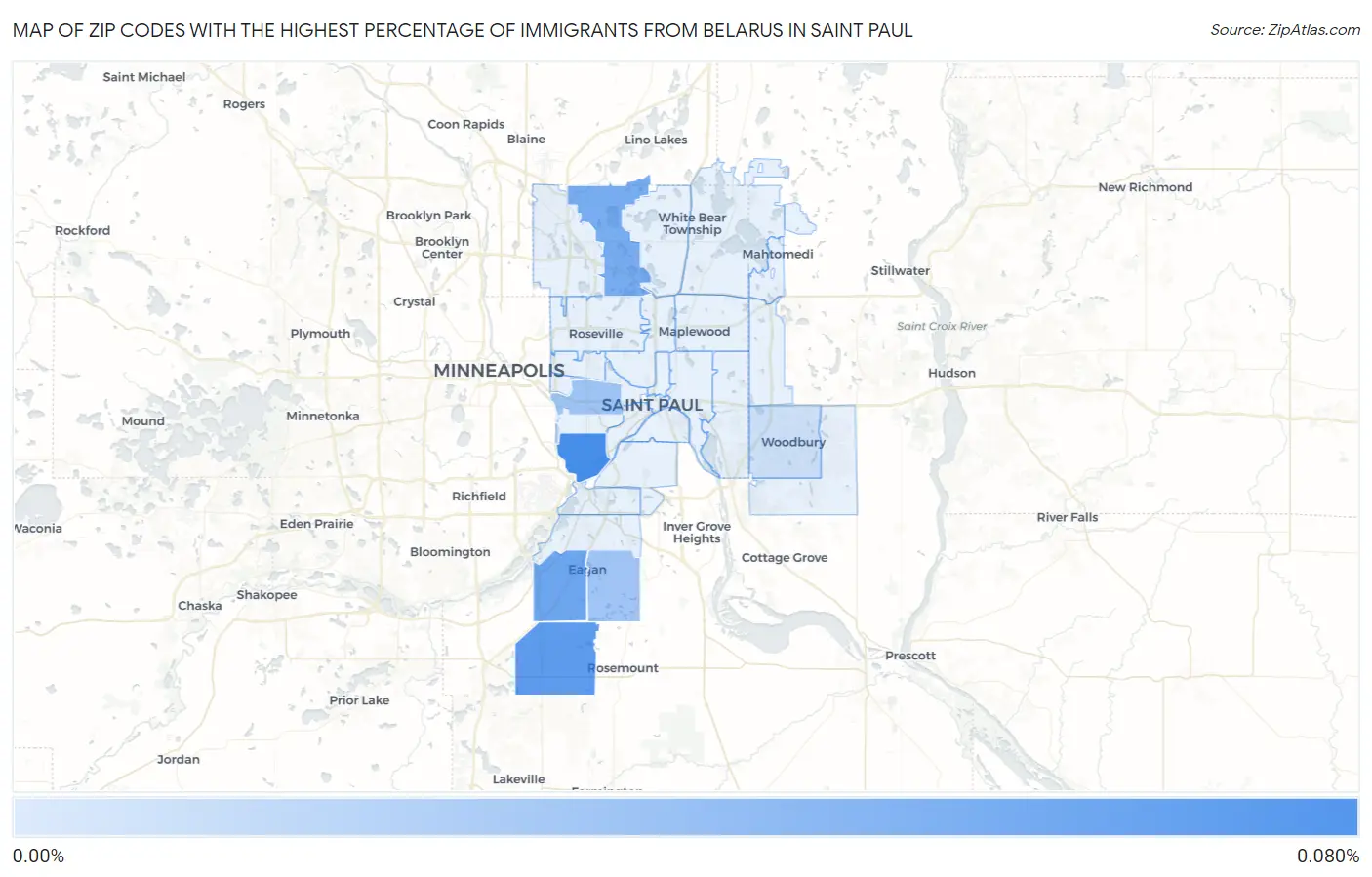 Zip Codes with the Highest Percentage of Immigrants from Belarus in Saint Paul Map