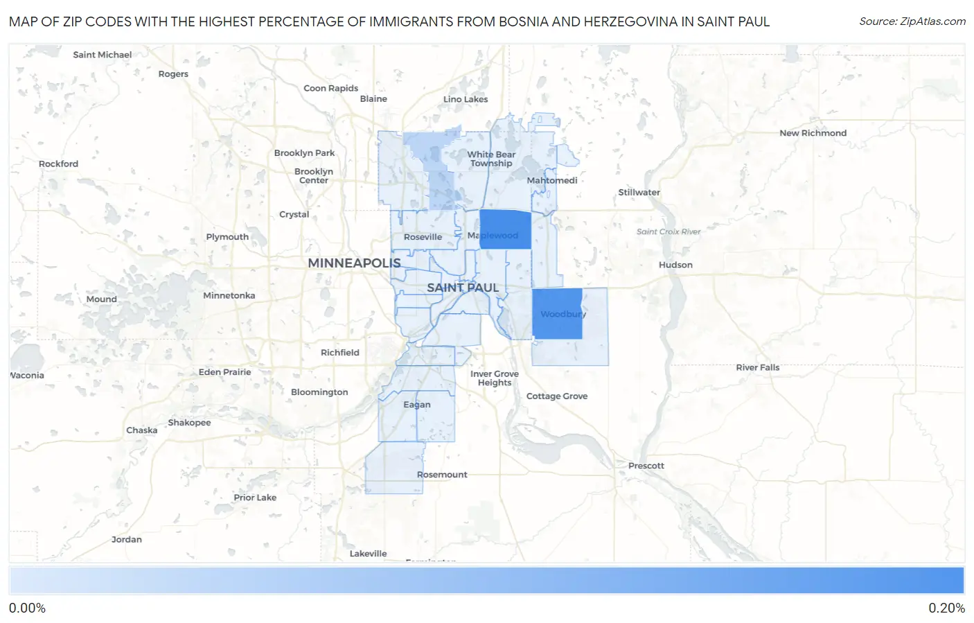 Zip Codes with the Highest Percentage of Immigrants from Bosnia and Herzegovina in Saint Paul Map