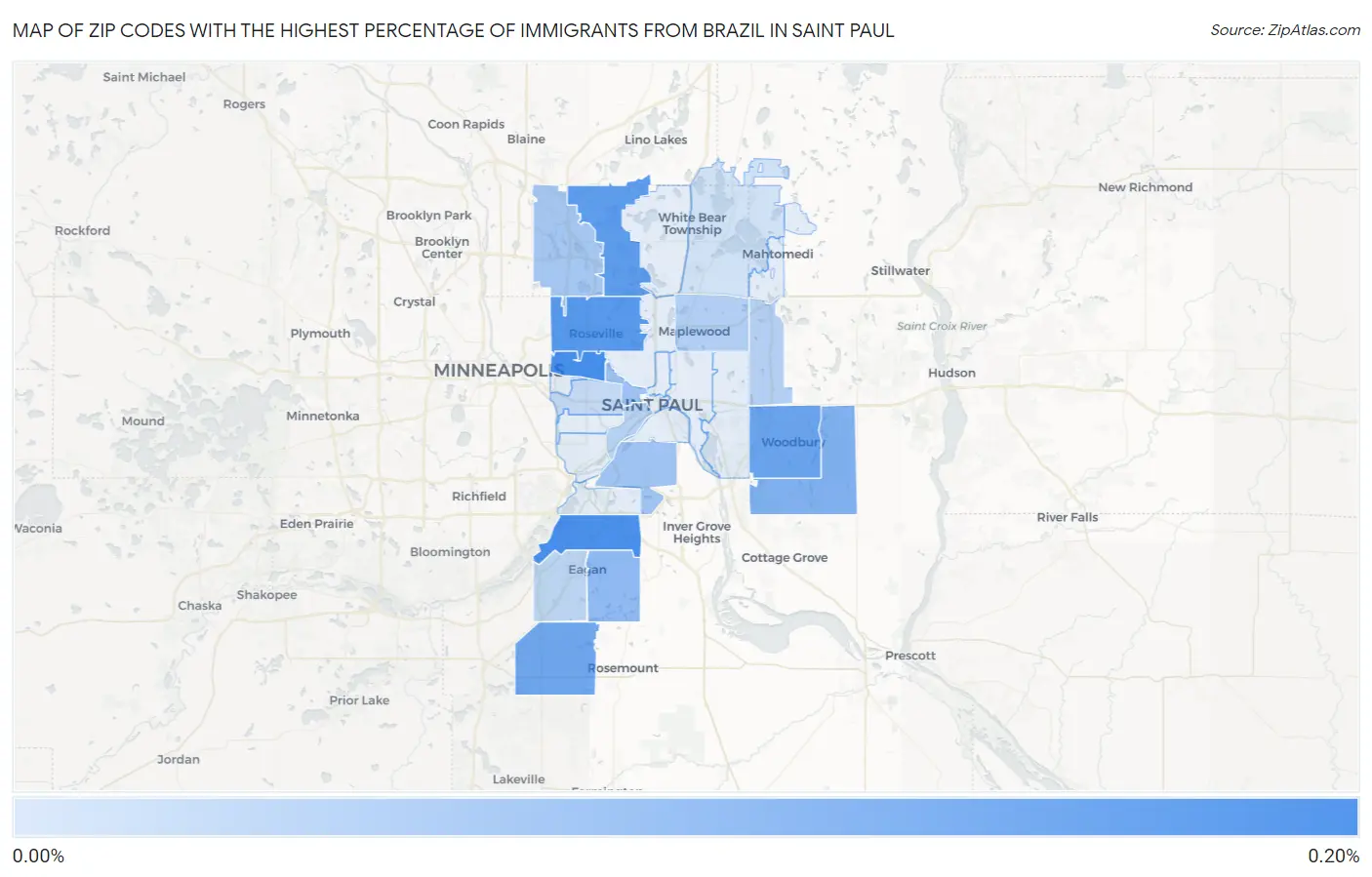 Zip Codes with the Highest Percentage of Immigrants from Brazil in Saint Paul Map