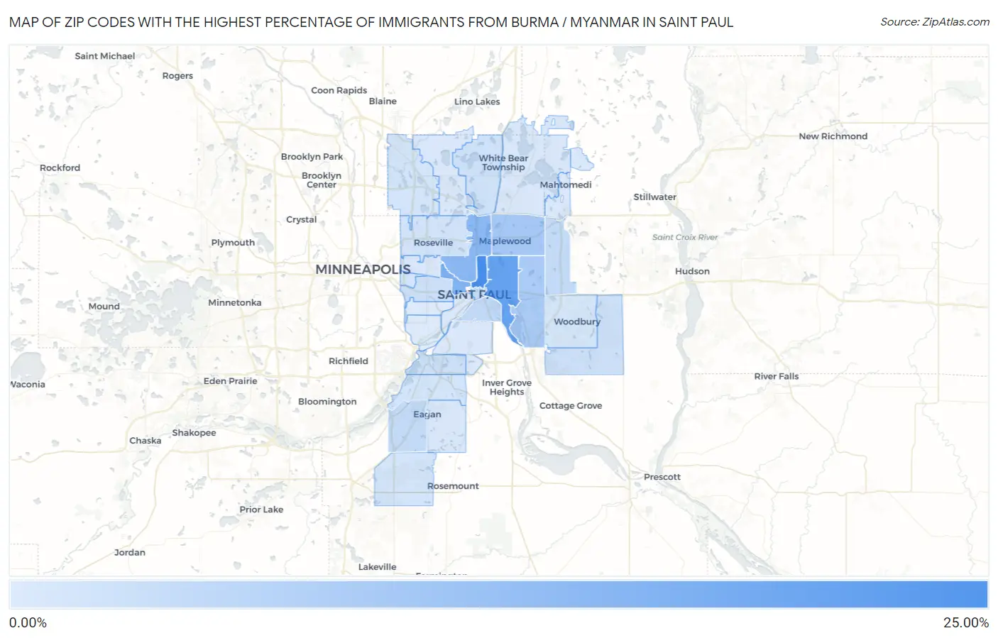 Zip Codes with the Highest Percentage of Immigrants from Burma / Myanmar in Saint Paul Map