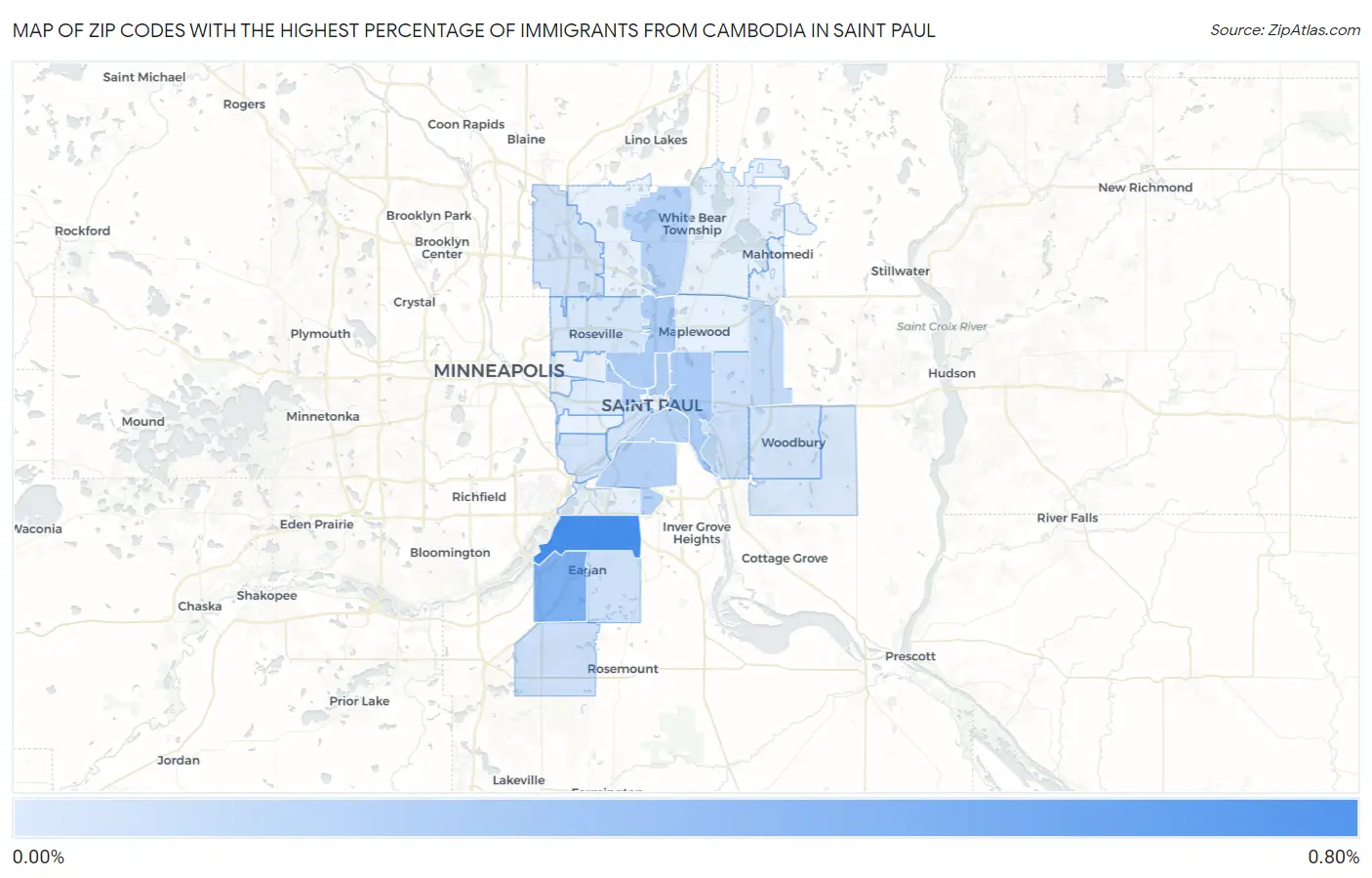 Zip Codes with the Highest Percentage of Immigrants from Cambodia in Saint Paul Map