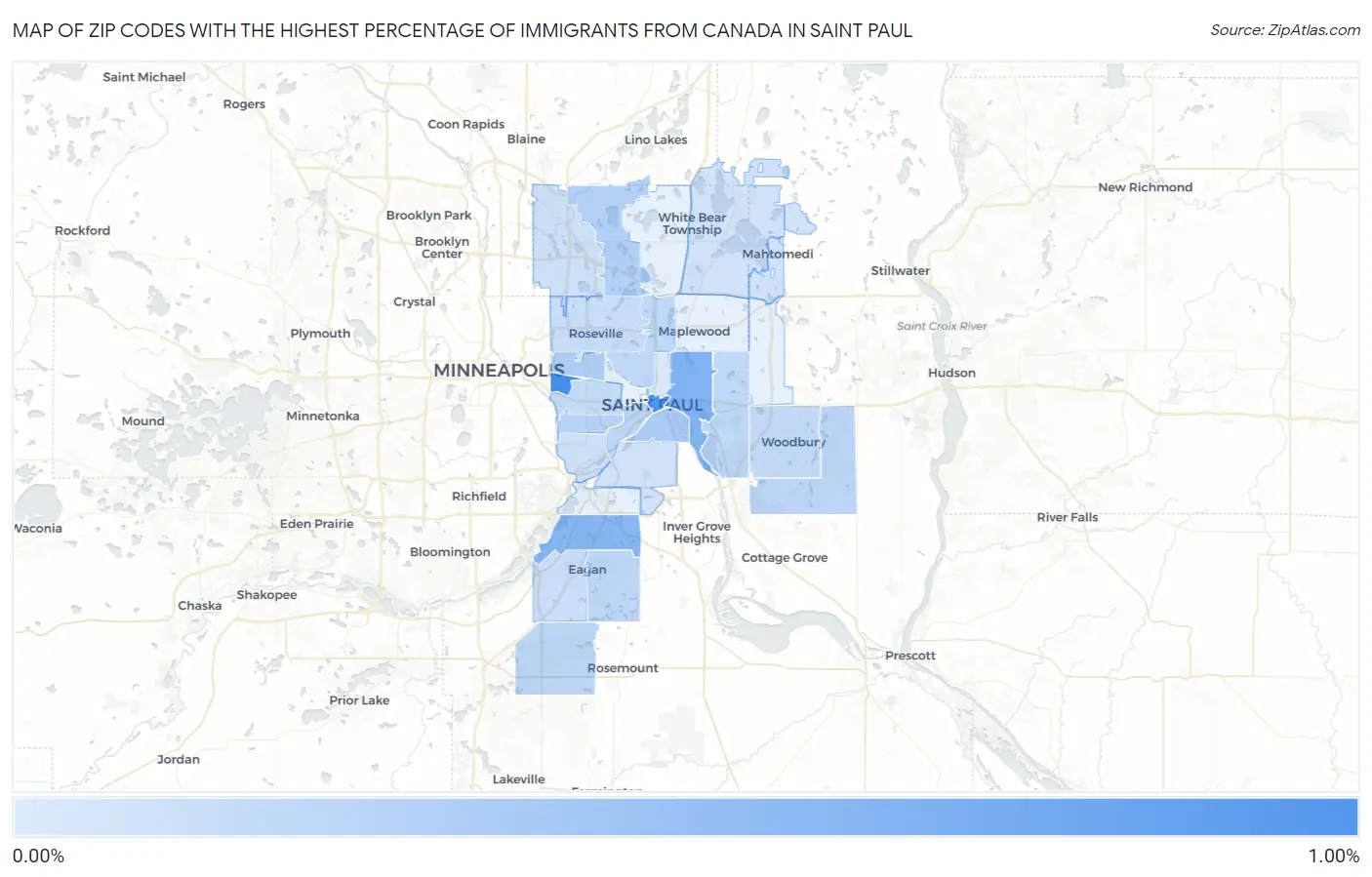 Zip Codes with the Highest Percentage of Immigrants from Canada in Saint Paul Map