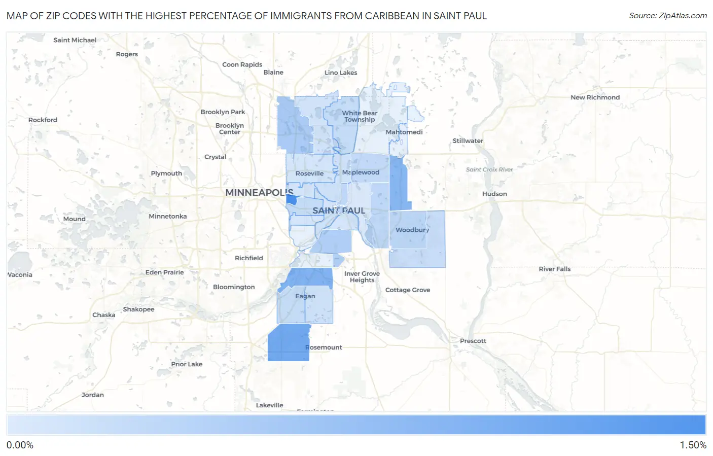 Zip Codes with the Highest Percentage of Immigrants from Caribbean in Saint Paul Map