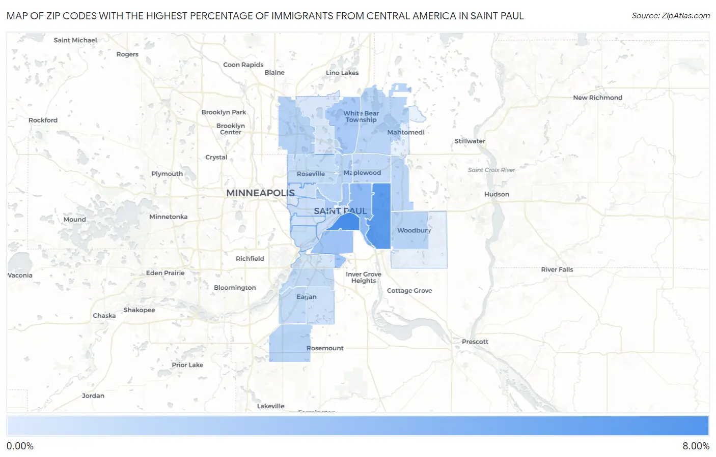 Zip Codes with the Highest Percentage of Immigrants from Central America in Saint Paul Map