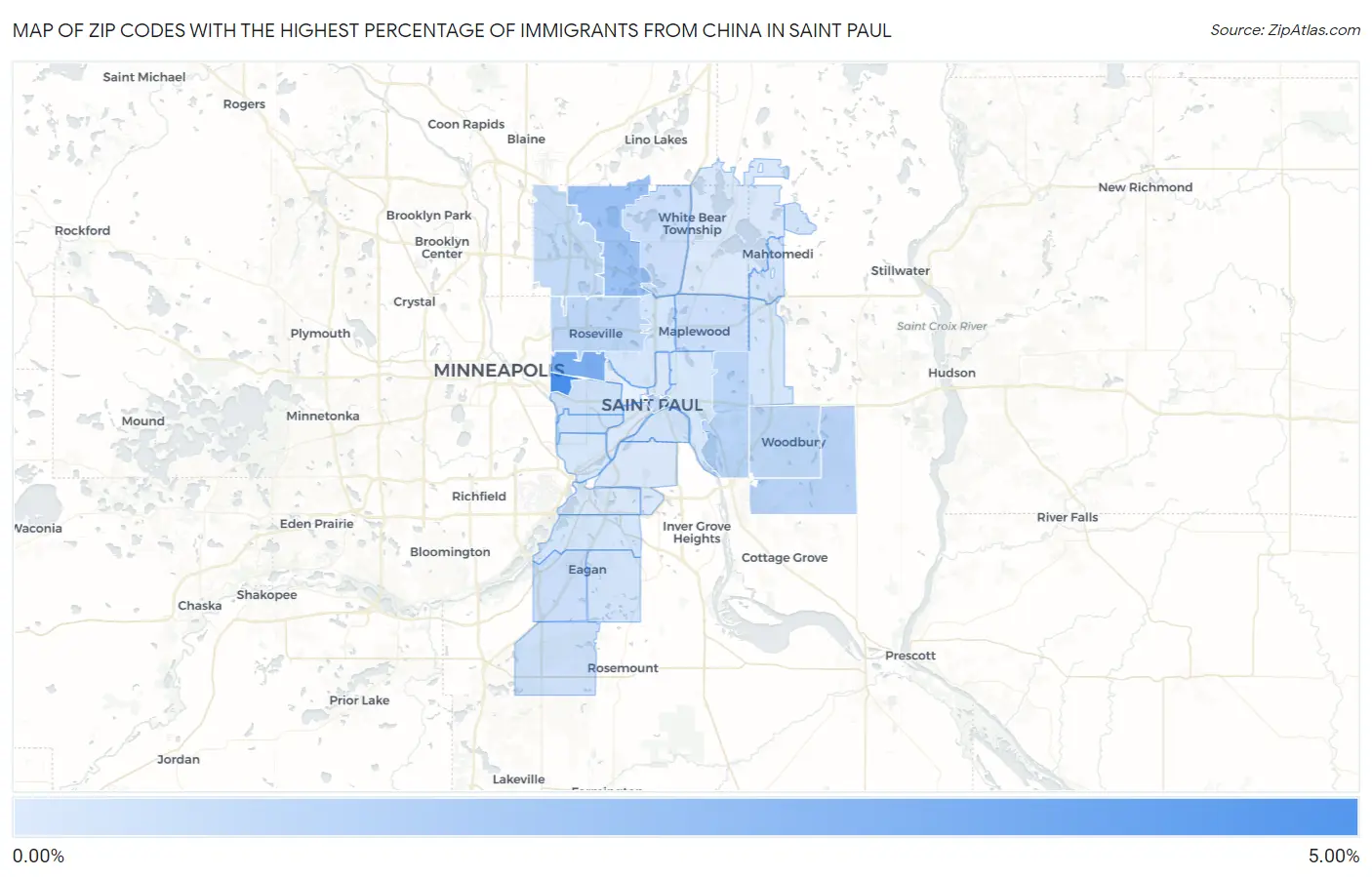 Zip Codes with the Highest Percentage of Immigrants from China in Saint Paul Map