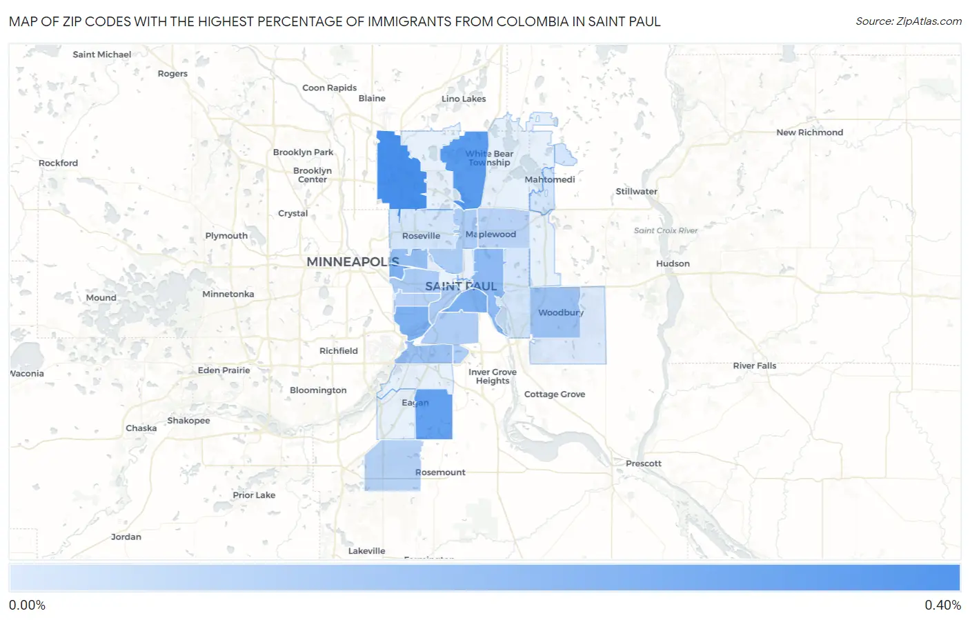 Zip Codes with the Highest Percentage of Immigrants from Colombia in Saint Paul Map