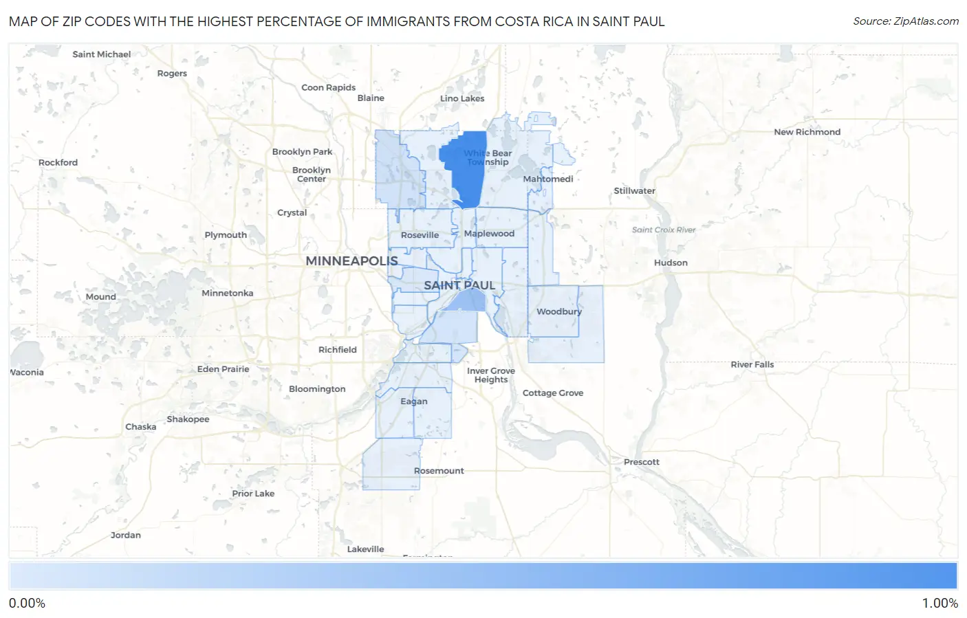 Zip Codes with the Highest Percentage of Immigrants from Costa Rica in Saint Paul Map