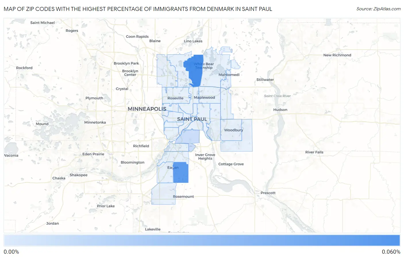 Zip Codes with the Highest Percentage of Immigrants from Denmark in Saint Paul Map