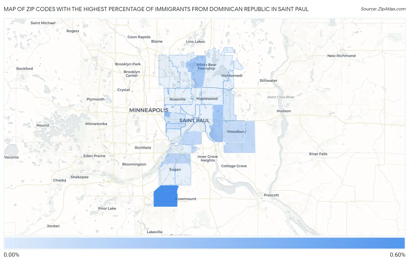 Zip Codes with the Highest Percentage of Immigrants from Dominican Republic in Saint Paul Map