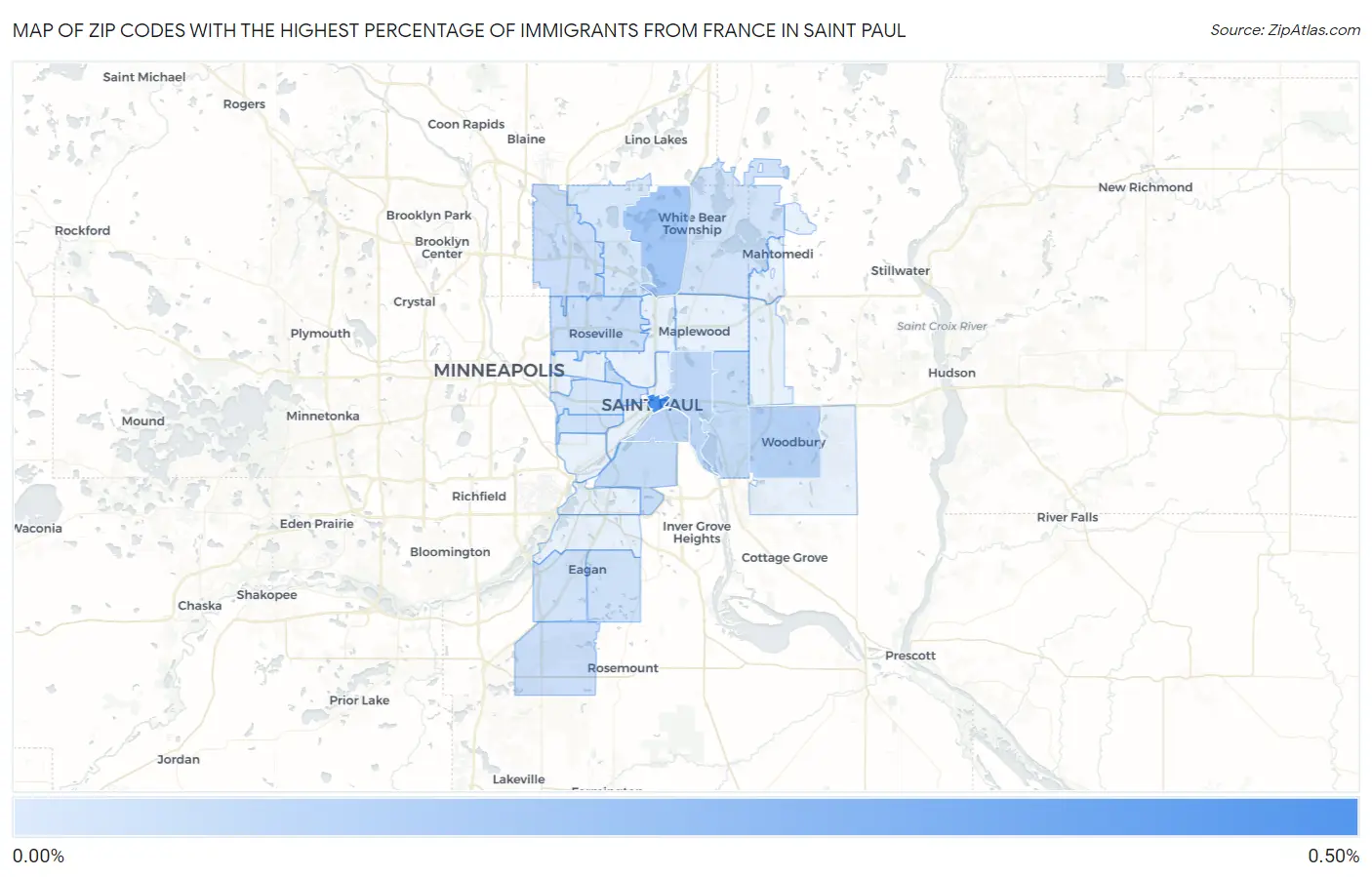 Zip Codes with the Highest Percentage of Immigrants from France in Saint Paul Map