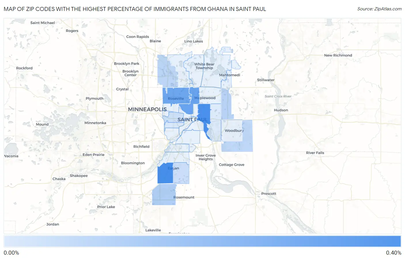 Zip Codes with the Highest Percentage of Immigrants from Ghana in Saint Paul Map