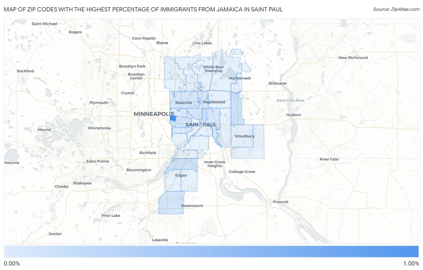 Zip Codes with the Highest Percentage of Immigrants from Jamaica in Saint Paul Map