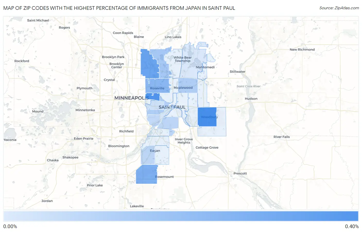 Zip Codes with the Highest Percentage of Immigrants from Japan in Saint Paul Map