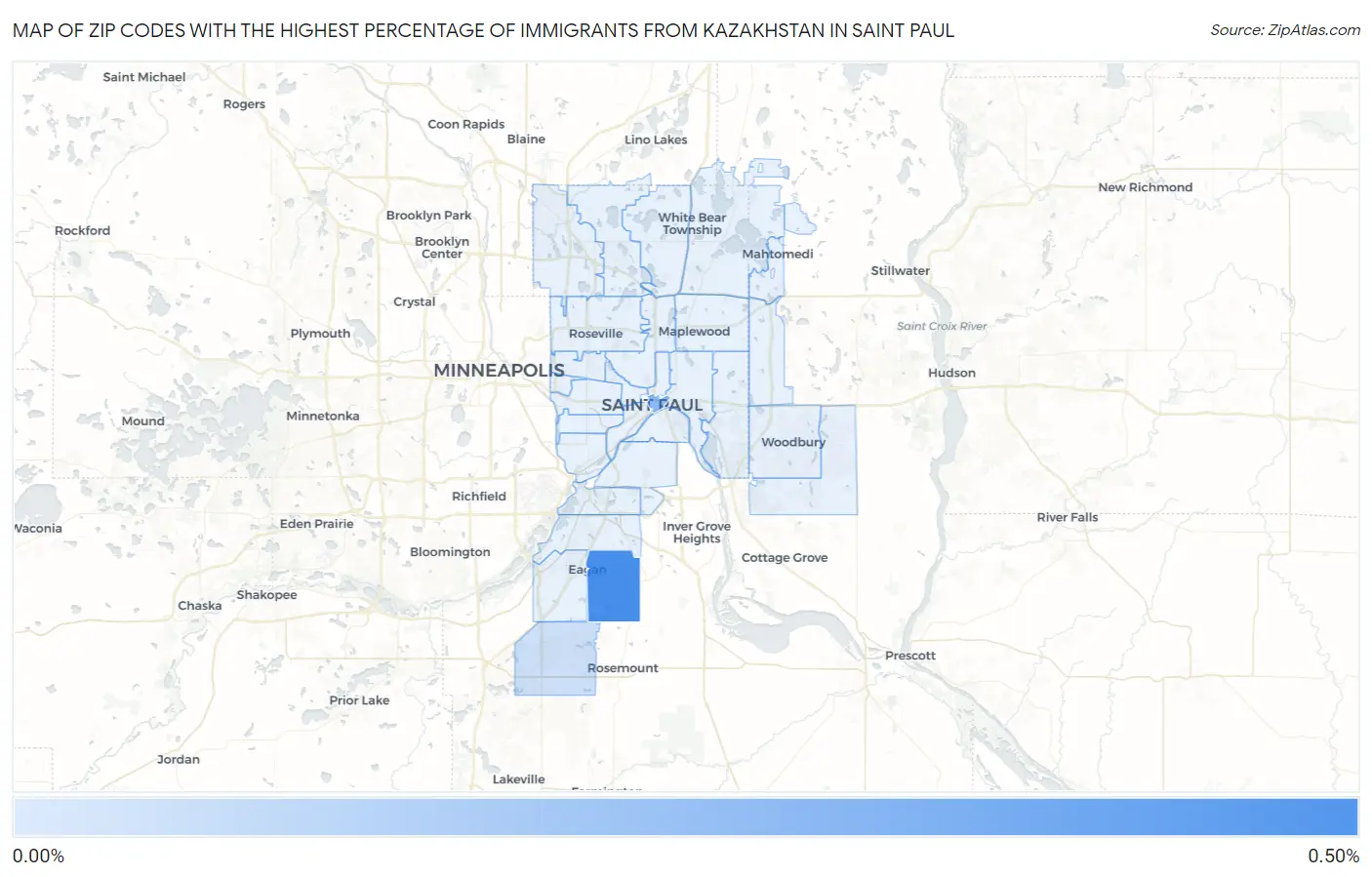 Zip Codes with the Highest Percentage of Immigrants from Kazakhstan in Saint Paul Map